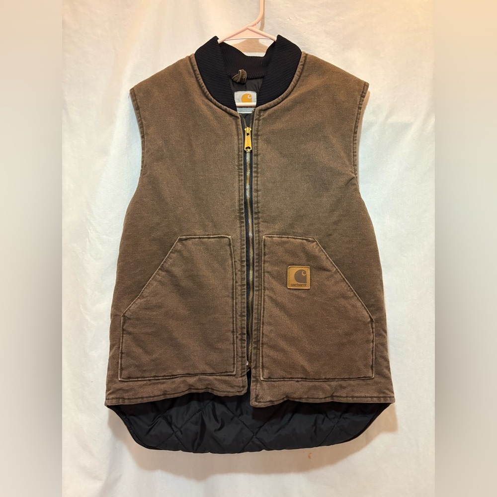 Vintage Carhartt Brown Zip-Up Canvas Quilted Lining Utility Vest with Logo Patch